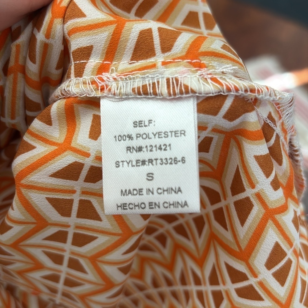 Ellison 70’s Style Orange Patterned Button Down Top Ruching - Picture 5 of 6